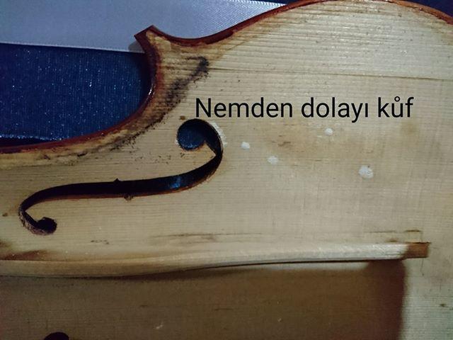 A photograph of a recent, rush job on a violin that Urğulu sent along, of an instrument that suffered from dampness and resulting mildew.